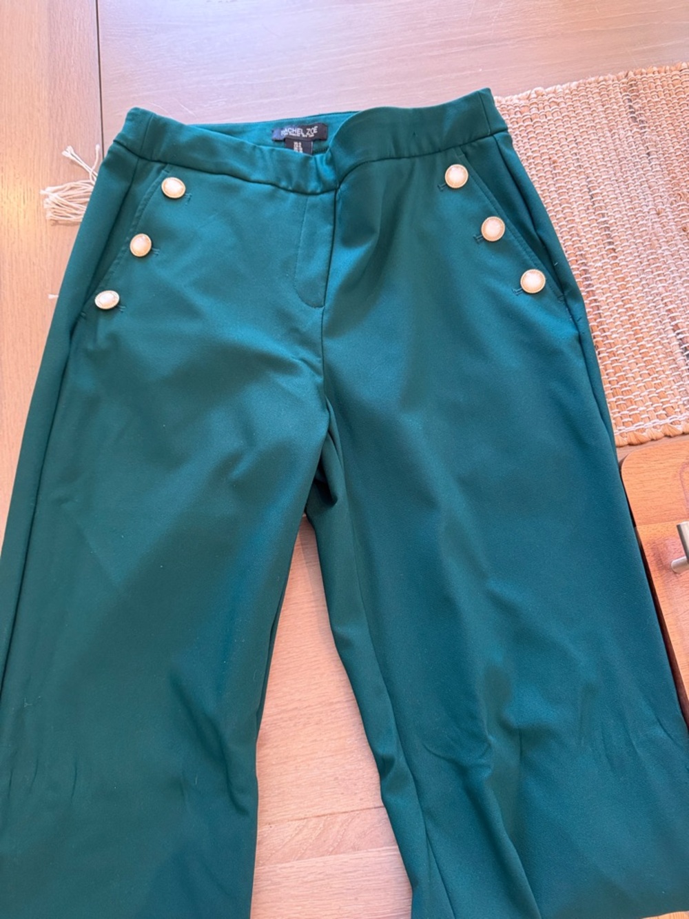 Rachel Zoe Emerald Green Wide-Leg Trousers with Gold Buttons
